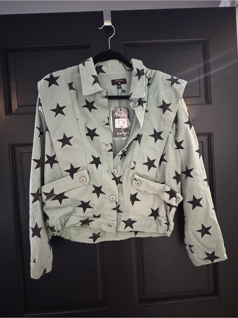 Balboa Star Print Cropped Jacket in Green & Black Size Large NWT